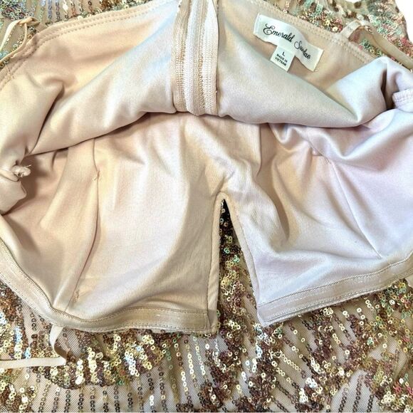 Emerald Sundae Gold Beige V-Wire Sequined Bodycon Dress Size Large - Picture 14 of 15